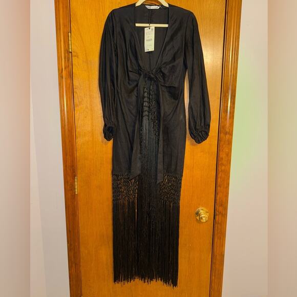 Zara brand new fringed linen black dress limited edition - Picture 1 of 5